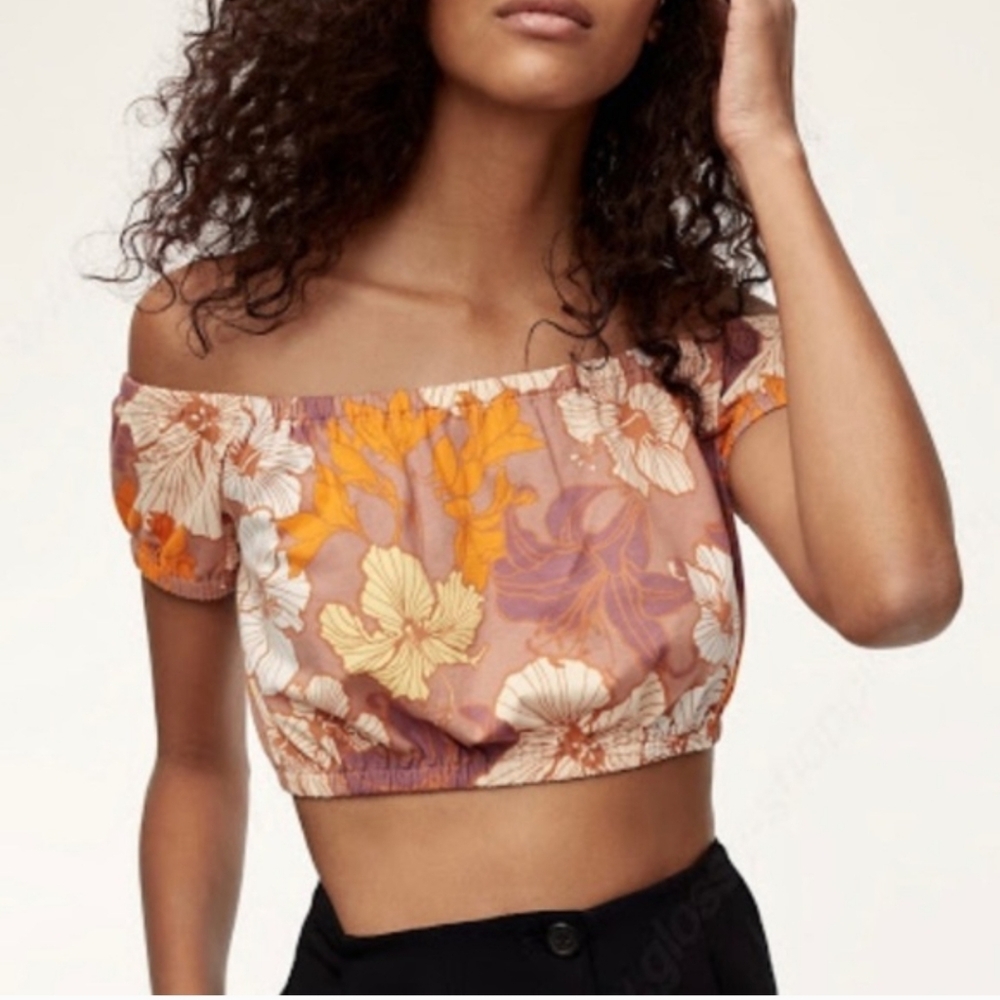 Wilfred Adelisa Floral Crop Top with Puff Sleeves Cotton Medium NEW